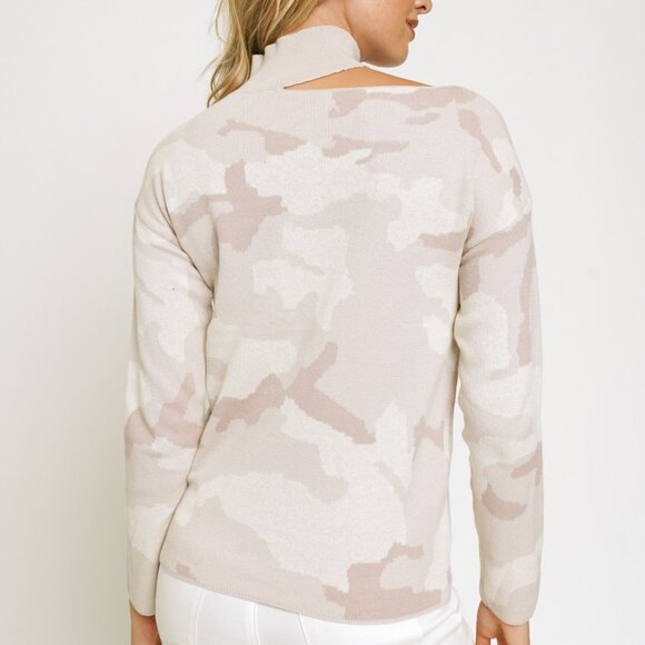 MYSTREE Pink Camo Print Choker Sweater Long Sleeve Cutout Knit Top - Picture 5 of 6
